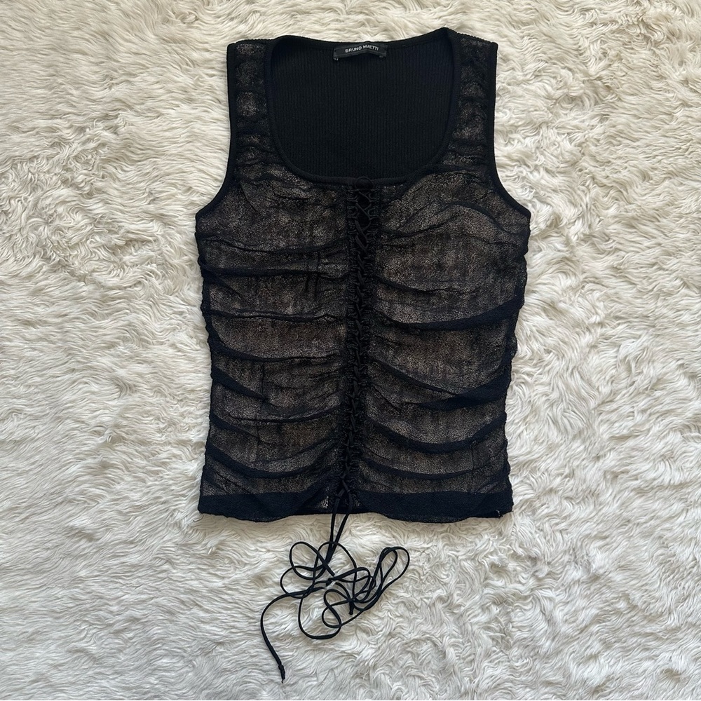 Bruno Manetti Top Sleeveless Tank Ruched Lace Up Front Black IT 44 Sz M - Picture 2 of 12